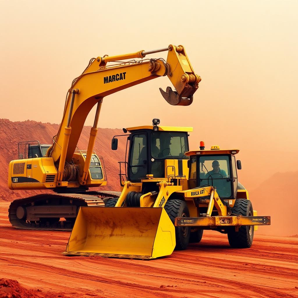Yellow excavator and front-end loader on a mining site