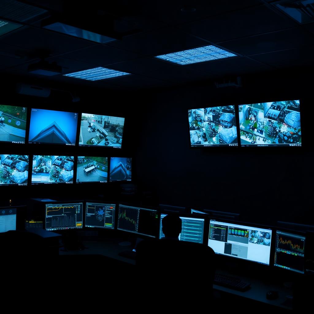 Security operations control room with CCTV monitors