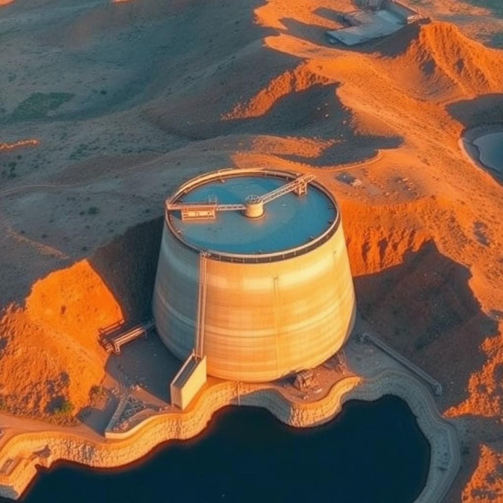 Aerial view of a bulk water reservoir and pump station