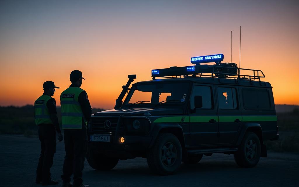 Armed response tactical vehicle with officers on a South African site at dusk