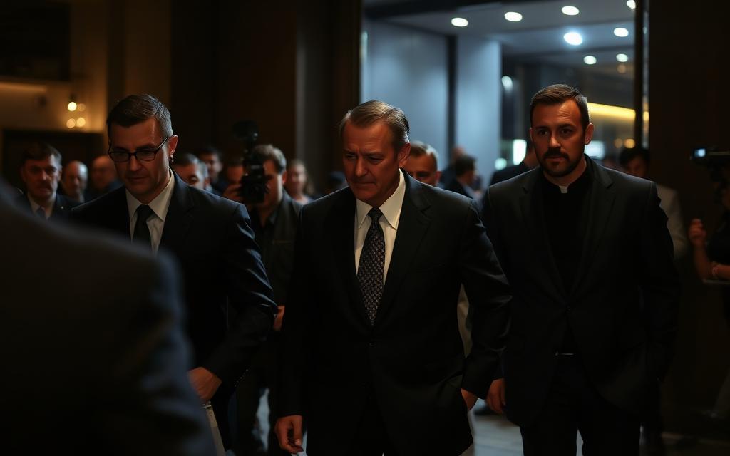 VIP close-protection detail escorting a principal through an event entrance