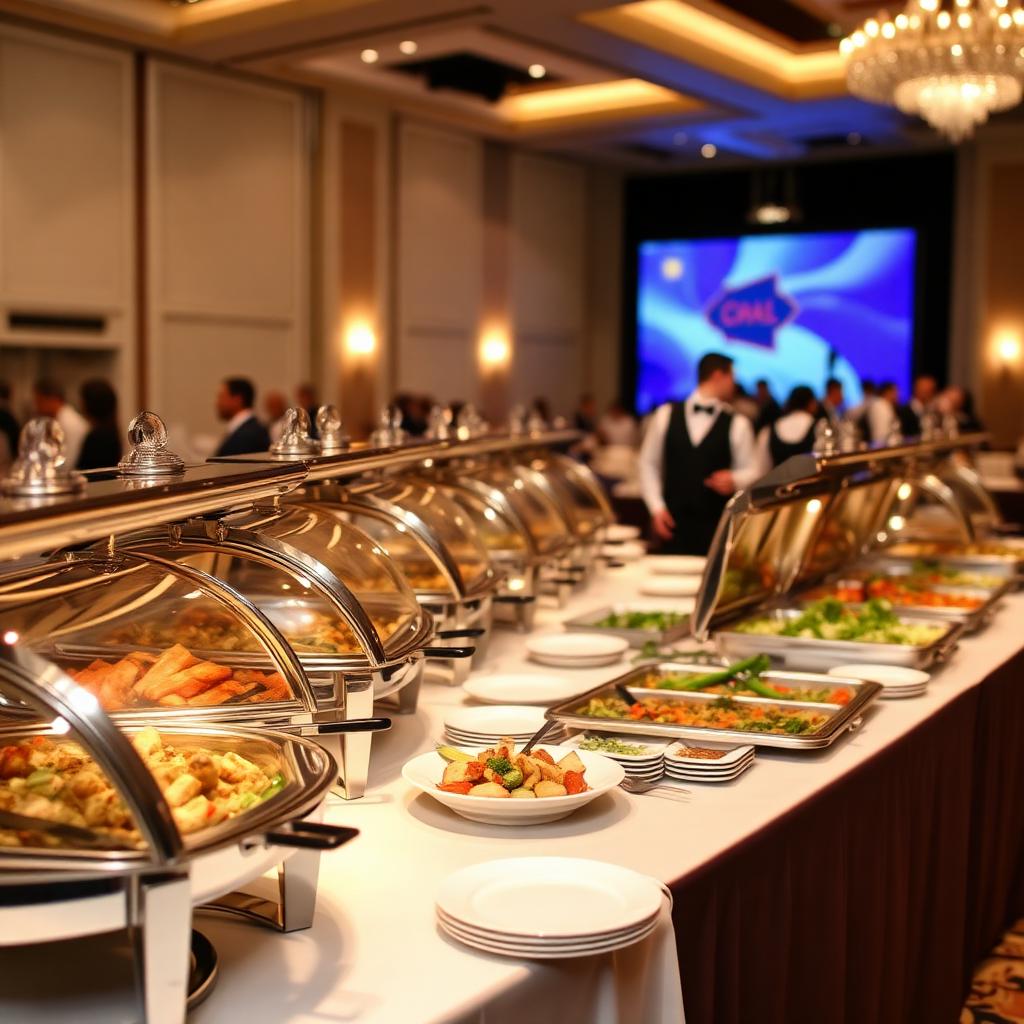 Professional buffet catering setup at a large venue