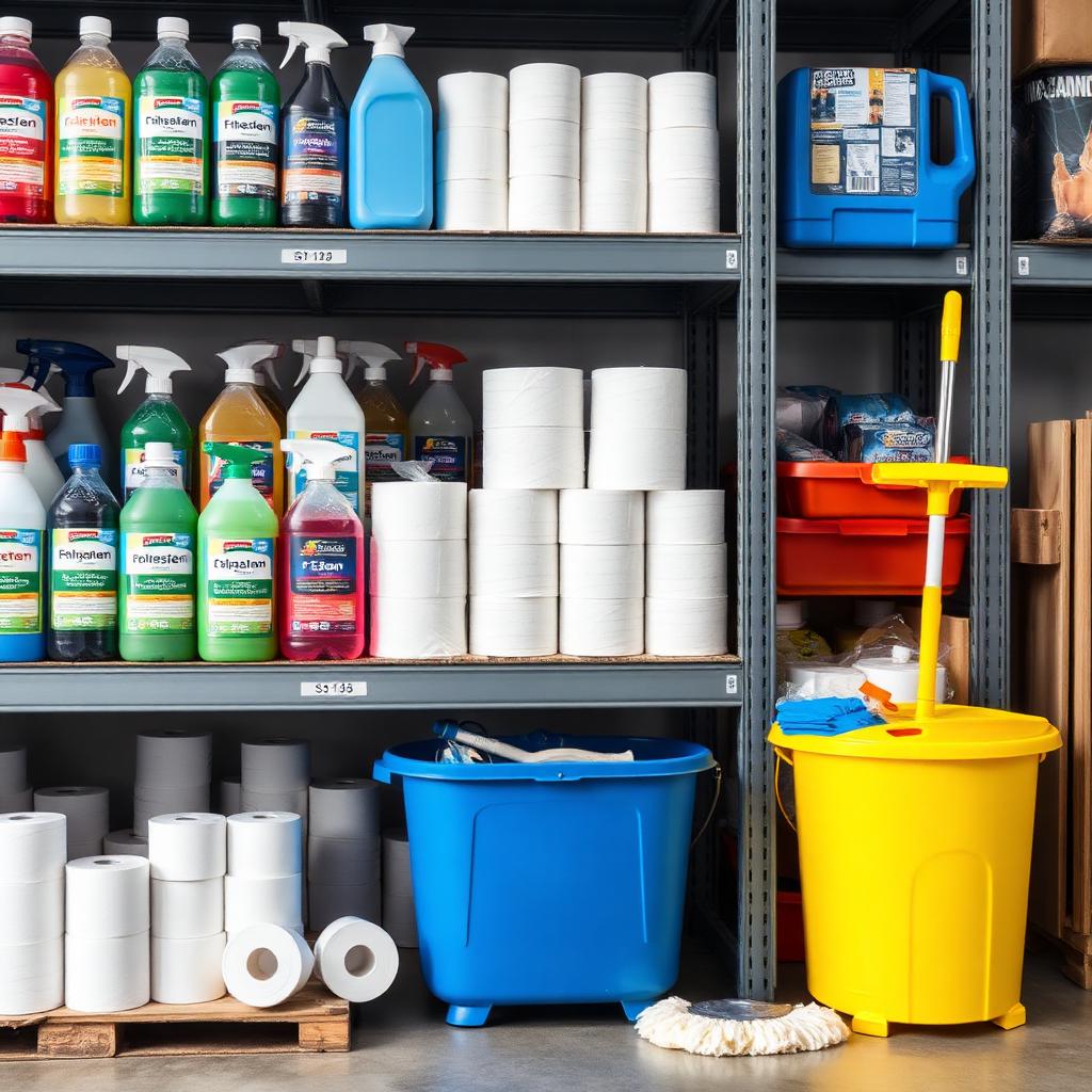 Shelves stocked with cleaning chemicals, toilet paper and janitorial supplies
